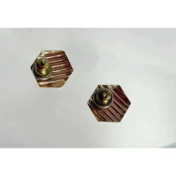 Dainty Tiny Gold Toned Hexagon Shaped Striped Textured Mini Stud Earrings - Picture 4 of 7